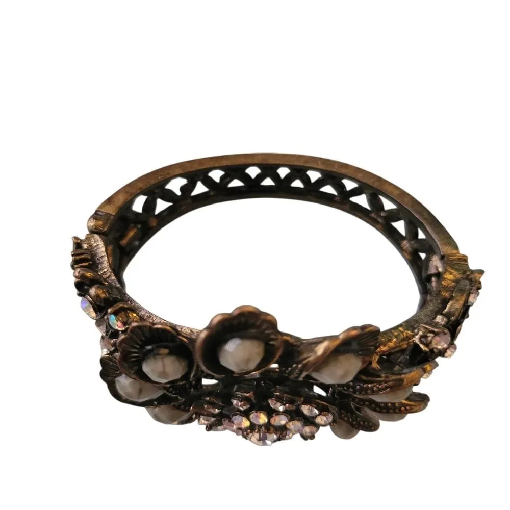 Floral Statement Cuff Bracelet - Brass & Gold Tones With Green Stones